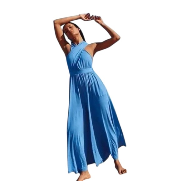 Free People Beach Blue Dani Palazzo infinity Jumpsuit Open Back NWOT Sapphire L - Picture 3 of 5